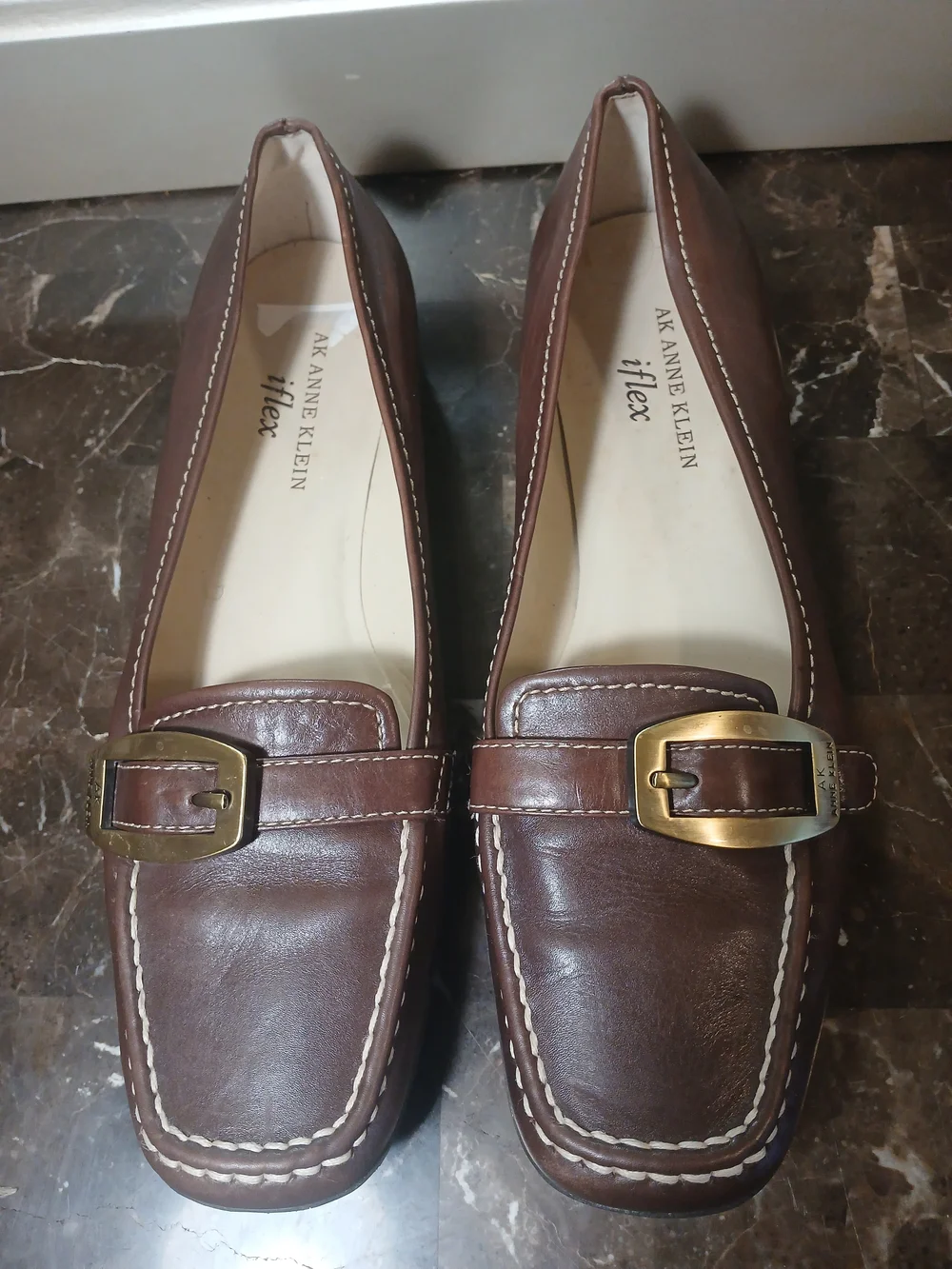Anne Klein Brown Leather Loafers with Brass Buckle